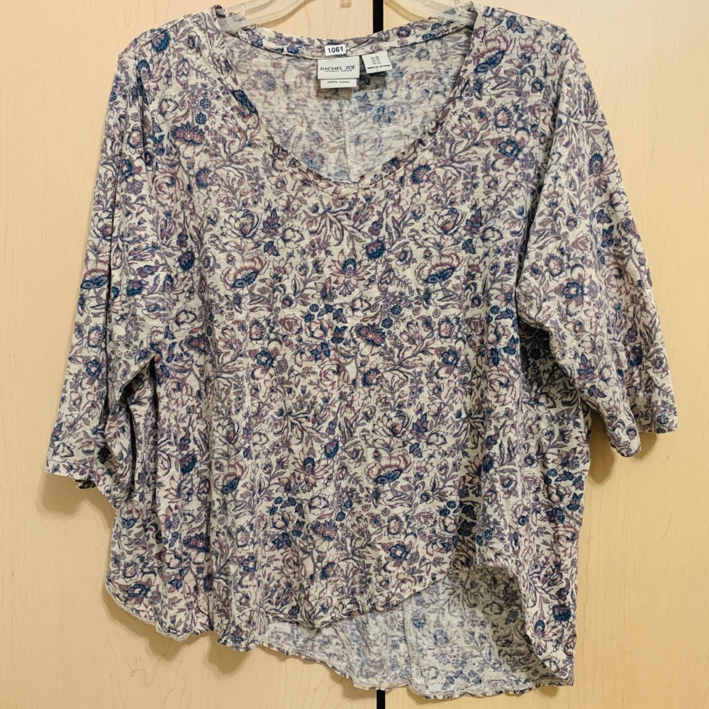 Rachel Zoe Womens 3/4 Sleeve V Neck Asymmetrical Hem Floral Linen Blouse Plus 1X